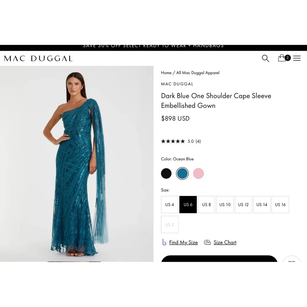 NWT Mac Duggal [ 4 ] 20528 One Shoulder‎ Cape Sleeve Embellished Gown Blue J1911 - Picture 3 of 15